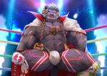  abs anthro bell biceps biped boots bottomwear bozi bulge cape chain clothed clothing eye_scar felid fishnet footwear hi_res horn krampus_(housamo) lion male mammal muscular muscular_male nipples pantherine pecs scar smile solo tokyo_afterschool_summoners video_games wrestler wrestling 