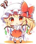  1girl ?? blonde_hair blush chibi commentary_request crystal flandre_scarlet full_body hart heart long_hair looking_at_viewer ramudia_(lamyun) red_eyes side_ponytail simple_background solo standing thumb_sucking touhou twitter_username white_background white_headwear wings 