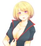  1girl absurdres black_shirt blonde_hair breasts cleavage collarbone earrings eyebrows_visible_through_hair facial_scar gintama highres jewelry large_breasts multiple_girls open_clothes open_mouth open_shirt paleatus purple_eyes ribbon-trimmed_sleeves ribbon_trim scar scar_on_cheek shirt short_hair short_sleeves simple_background solo tsukuyo_(gintama) upper_body white_background 