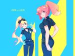  2girls aina_ardebit blonde_hair blue_eyes c_kihara candy food gloves goggles half_gloves lollipop looking_back lucia_fex multicolored_hair multiple_girls one_eye_closed pink_hair promare side_ponytail smile two-tone_hair uniform 