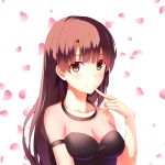  1girl bangs breasts brown_eyes brown_hair cherry_blossoms cleavage closed_mouth collarbone finger_to_mouth h1910984490 index_finger_raised katou_megumi long_hair looking_at_viewer medium_breasts saenai_heroine_no_sodatekata see-through_silhouette short_sleeves smile solo straight_hair upper_body very_long_hair white_background 