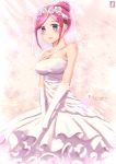  1girl :d artist_name bangs blue_eyes blush breasts bridal_veil character_request chinchongcha cleavage collarbone dress elbow_gloves flower gloves go-toubun_no_hanayome hair_flower hair_ornament hands_together head_wreath highres layered_dress medium_breasts open_mouth parted_bangs pink_hair shiny shiny_hair shiny_skin short_hair sleeveless sleeveless_dress smile solo standing striped striped_dress tied_hair veil wedding_dress white_dress white_flower white_gloves 
