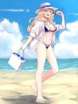  1girl alternate_costume bag bikini blonde_hair blue_eyes blue_sky blush breasts cloud full_body gradient_sky hair_between_eyes hat hat_ribbon highres kantai_collection long_hair long_sleeves looking_at_viewer medium_breasts mole mole_under_eye mole_under_mouth multicolored multicolored_bikini multicolored_clothes navel open_mouth ribbon richelieu_(kantai_collection) sand shadow shingyo shirt sky smile solo sunglasses swimsuit swimsuit_under_clothes white_shirt 