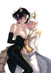  1boy 1girl bare_shoulders belt black_choker black_gloves black_hair blonde_hair blush breast_press breasts choker closed_eyes collarbone commentary commission dragon_boy dragon_girl dragon_tail ear_blush elbow_gloves english_commentary fang gloves gradient_hair handjob hetero highres horns large_breasts leg_between_thighs multicolored_hair nose_blush open_mouth pants parted_lips penis pointy_ears purple_hair scales short_hair simple_background smile sunna_(nilsunna) tail white_background white_hair white_pants yellow_eyes 