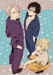  3boys black_hair blonde_hair blue_eyes brown_eyes chin_rest glasses green_eyes hair_over_one_eye half_updo hands_in_pockets jumpsuit katsuki_yuuri kuroemon male_focus multiple_boys open_mouth silver_hair smile squatting star viktor_nikiforov yuri!!!_on_ice yuri_plisetsky 