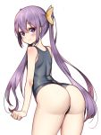  1girl ass bangs bare_shoulders blue_swimsuit blush closed_mouth eyebrows_visible_through_hair from_behind hair_between_eyes hair_ribbon hop3 long_hair looking_at_viewer one-piece_swimsuit original purple_eyes purple_hair ribbon school_swimsuit sidelocks simple_background smile solo swimsuit twintails very_long_hair white_background yellow_ribbon 