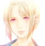  1girl absurdres blonde_hair closed_mouth earrings facial_scar gintama highres jewelry paleatus ponytail purple_eyes scar scar_on_cheek short_hair simple_background solo tsukuyo_(gintama) white_background 