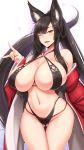 absurdly_long_hair animal_ears areola_slip areolae ass_visible_through_thighs bare_shoulders black_hair blush breasts cleavage commentary_request covered_nipples eyebrows_visible_through_hair fang fox_ears halter_top halterneck heart high_ponytail highres huge_breasts japanese_clothes kimono kitsune lips long_hair mole mole_under_mouth navel off_shoulder one_eye_closed open_clothes open_kimono open_mouth original red_kimono shuugetsu_karasu sidelocks slingshot_swimsuit smile swimsuit thigh_gap very_long_hair wide_hips 
