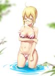  1girl :t absurdres ahoge artist_request artoria_pendragon_(all) bangs bare_arms bare_shoulders bikini blonde_hair blurry blurry_background blush breasts check_character collarbone commentary fate/grand_order fate_(series) glasses hair_between_eyes highres in_water looking_at_viewer medium_breasts navel red_bikini saber short_hair sidelocks solo standing swimsuit white_bikini yellow_eyes 