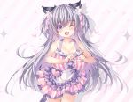  animal_ears apron bandaid blush bow breasts catgirl cleavage cropped fang gray_hair long_hair naked_apron ojitcha original oziko_(ojitcha) purple_eyes sideboob tail twintails waifu2x white wink 