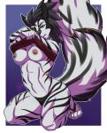  abs anthro black_hair breasts canid canine clothed clothing clothing_lift female hair hi_res kneeling lavenderpandy mammal nipples scar shirt shirt_lift simple_background solo topwear underwear 
