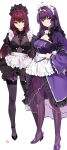  2girls absurdres alternate_costume apron bangs blush bodysuit breasts brooch cleavage closed_mouth covered_navel dress dual_persona enmaided fate/grand_order fate_(series) frills garter_straps hair_between_eyes high_heels highres jewelry juliet_sleeves large_breasts legs long_hair long_sleeves looking_at_viewer maid maid_headdress multiple_girls puffy_sleeves purple_bodysuit purple_hair red_eyes scathach_(fate)_(all) scathach_(fate/grand_order) scathach_skadi_(fate/grand_order) simple_background smile thighhighs thighs tiara waist_apron white_background wide_sleeves yang-do 