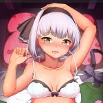  1girl :d arm_up armpits bangs bed_sheet black_bow black_hairband black_ribbon blush bow bra breasts cleavage collarbone commentary_request ear_blush egg_vibrator eyebrows_visible_through_hair green_eyes green_vest hair_ribbon hairband heart heart-shaped_pupils highres konpaku_youmu looking_at_viewer lying moyashi_baasuto nail_polish nose_blush on_back open_mouth pillow pink_nails ribbon short_hair simple_background small_breasts smile solo sweat symbol-shaped_pupils touhou underwear underwear_only upper_body vest vest_removed vibrator white_bra 