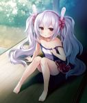  1girl animal_ears azur_lane barefoot breasts bunny_ears camisole cleavage commentary_request convenient_leg fake_animal_ears feet full_body fummy hairband knees_together_feet_apart laffey_(azur_lane) legs long_hair miniskirt off_shoulder red_eyes red_skirt silver_hair sitting skirt small_breasts solo strap_slip sweat toes twintails very_long_hair white_camisole 