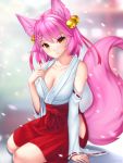  1girl animal_ears bare_hips bell blurry blurry_background breasts cherry_blossoms cleavage closed_mouth collarbone detached_sleeves eyebrows_visible_through_hair fox_ears fox_girl fox_tail gigamessy hair_bell hair_between_eyes hair_ornament hair_ribbon hakama japanese_clothes kimono long_sleeves looking_at_viewer medium_breasts miko multicolored multicolored_eyes open_clothes open_kimono original pink_hair red_eyes red_hakama red_ribbon red_sleeves ribbon ribbon-trimmed_sleeves ribbon_trim short_hair sitting sleeveless sleeveless_kimono smile solo tail white_kimono wide_sleeves yellow_eyes 