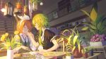  2girls apron black_clothes blonde_hair bouquet bow chair closed_eyes collared_shirt curly_hair cutting eyebrows_visible_through_hair eyes_visible_through_hair flask flower flower_pot flower_shop green_apron green_eyes green_hair gumi hair_bow hand_on_another&#039;s_chin highres juliet_sleeves kagamine_rin light_rays long_sideburns long_sleeves multiple_girls open_clothes open_shirt perspective pink_flower puffy_sleeves purple_flower ribbon shelf shirt shop short_hair short_sleeves smile stairs succulent_plant sunbeam sunlight table vocaloid wounds404 yellow_flower yuri 