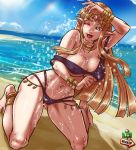  7th_heaven_(artist) big_breasts bikini blonde_hair breasts cleavage clothed clothing hair hi_res humanoid hylian long_hair mammal nintendo not_furry open_mouth princess_zelda swimwear the_legend_of_zelda video_games wet 