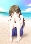  1girl arashio_(kantai_collection) barefoot beach blue_sky blue_swimsuit blurry brown_eyes brown_hair cloud commentary_request day depth_of_field feet gotou_hisashi highres kantai_collection leg_hug long_hair looking_to_the_side nontraditional_school_swimsuit outdoors school_swimsuit sitting sky solo swimsuit 
