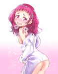  1girl ass blush breasts covering covering_one_breast dress_shirt gradient gradient_background highres hugtto!_precure kaatsukun long_hair looking_at_viewer naked_shirt nono_hana off_shoulder open_clothes open_mouth open_shirt pink_background pink_eyes precure red_hair shirt sideboob small_breasts solo sweatdrop wavy_mouth white_background white_shirt 