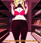  anthro blonde_hair blush bra breasts clothing english_text female hair hair_over_eye hi_res inside mammal shirt_up solo sonne standing text underwear ursid wide_hips 