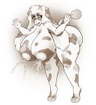  alexaxes anthro big_breasts bodily_fluids bovid breasts caprine female fur goat hi_res horn huge_breasts hybrid hyper hyper_breasts lactating mammal monochrome nude open_mouth solo standing 