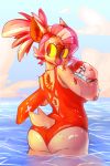  agoodowl anthro avian beach bird bodily_fluids breasts butt clothed clothing dripping feathers female hi_res lifeguard looking_back non-mammal_breasts outside owl pinup pose seaside soft solo summer sun sweat swimwear thick_thighs water 