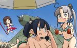  3girls ahoge aircraft airplane akitsushima_(kantai_collection) beach_umbrella bikini blue_eyes blue_hair blue_sky bow breasts brown_hair cleavage closed_eyes commentary_request dated day drill_hair drink fate/grand_order fate_(series) gae_bolg gradient_sky green_bikini grey_eyes grey_hair hair_bow hamu_koutarou harukaze_(kantai_collection) hat highres kantai_collection large_breasts long_hair lying medium_breasts mini_hat multiple_girls nishikitaitei-chan noto_mamiko on_stomach open_mouth outdoors pink_bikini pink_sarong polka_dot polka_dot_bikini red_bow sarong scathach_(fate)_(all) scathach_(swimsuit_assassin)_(fate) seiyuu_connection side_ponytail sidelocks sky smile souryuu_(kantai_collection) swimsuit topless twin_drills twintails umbrella x_navel 