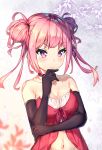  1girl 3: bare_shoulders black_gloves blurry breasts center_opening choker cleavage closed_mouth collarbone double_bun elbow_gloves frown gloves hand_on_own_chin hand_up highres long_hair looking_at_viewer medium_breasts mishuo_(misuo69421) navel original pink_hair pink_shirt purple_eyes shirt sidelocks solo star stomach strapless twintails upper_body v-shaped_eyebrows 