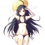  1girl accel_world armpits arms_up bikini black_bikini black_hair blush closed_mouth eyebrows_visible_through_hair flat_chest from_above groin hamster_(hanmster) hat hat_removed headwear_removed kurohime leg_up long_hair looking_at_viewer lying navel older on_back orange_eyes side-tie_bikini simple_background sketch smile solo sun_hat swimsuit very_long_hair white_background yellow_headwear 