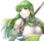  1girl :d bracelet breastplate detached_sleeves eyebrows_visible_through_hair fingerless_gloves fire_emblem fire_emblem:_mystery_of_the_emblem floating_hair gloves green_eyes green_gloves green_hair green_sleeves hair_between_eyes headband jewelry long_hair long_sleeves open_mouth palla_(fire_emblem) shoulder_armor simple_background smile solo upper_body white_background yukimiyuki 
