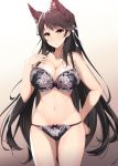  1girl animal_ear_fluff animal_ears atago_(azur_lane) azur_lane bangs bare_arms bare_shoulders black_bra black_panties bow bow_bra bow_panties bra breasts brown_eyes brown_hair cleavage closed_mouth collarbone eyebrows_visible_through_hair fukuda_shuushi gradient gradient_background hair_bow hand_on_hip hand_on_own_chest hand_up highres large_breasts lingerie lips long_hair mole mole_under_eye navel panties shiny shiny_hair shiny_skin simple_background smile solo stomach thighs tied_hair underwear underwear_only 