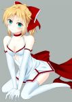  1girl arm_support blonde_hair bow braid breasts choker cleavage clenched_teeth collarbone dress dress_bow fate/grand_order fate_(series) green_eyes hair_bow high_heels highres mordred_(fate)_(all) sitting small_breasts teeth tendon0922 thighhighs wariza 
