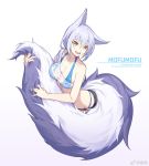  1girl :d animal_ears arknights bikini bikini_under_clothes blue_bikini breasts cleavage gradient gradient_background large_breasts long_hair looking_at_viewer nian open_mouth provence_(arknights) purple_hair see-through simple_background smile solo swimsuit tail tail_grab upper_teeth weibo_username yellow_eyes 
