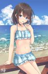  1girl bare_arms bare_shoulders beach bikini_skirt blue_eyes blue_sky brown_hair cloud cloudy_sky collarbone day hair_ornament hairclip halter_top halterneck hand_up holding horizon looking_at_viewer midriff miko_fly navel ocean original outdoors popsicle_stick short_hair sidelocks signature sitting sky solo swimsuit thighs water 