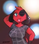  2019 animal_crossing anthro breasts canid canine canis cherry_(animal_crossing) clothed clothing digital_media_(artwork) domestic_dog female fur hi_res mammal nintendo one_eye_closed piercing red_fur solo stareostar tongue tongue_out video_games wink 