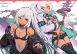 2girls absurdres alabama_(azur_lane) alternate_breast_size azur_lane bangs bikini_top black_bikini_top black_choker black_gloves black_legwear black_shorts blunt_bangs bodypaint breasts character_name choker cleavage collarbone commentary_request dark_skin eicam expressionless facepaint gloves highres holding holding_spear holding_weapon huge_filesize jacket jitome long_hair long_sleeves looking_at_viewer massachusetts_(azur_lane) multiple_girls navel open_clothes open_jacket open_mouth pointing pointing_at_viewer polearm red_eyes short_shorts shorts sidelocks sketch smile spear straight_hair thighhighs twintails very_long_hair weapon white_hair zipper 