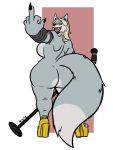  anthro big_breasts breasts butt canid canine canis clothing ear_piercing ear_ring female footwear hair hi_res huge_breasts kingjaguar mammal microphone piercing shoes solo wolf 