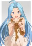  1girl :d ahoge armlet bare_shoulders blue_eyes blue_hair bridal_gauntlets choker collarbone commentary_request cowboy_shot dress eyebrows_visible_through_hair fingernails gloves gloves_removed granblue_fantasy grey_background hinami_(hinatamizu) holding holding_gloves long_hair looking_at_viewer lyria_(granblue_fantasy) open_mouth see-through shiny shiny_hair short_dress simple_background smile solo standing strapless strapless_dress very_long_hair white_choker white_dress 