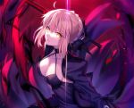  artoria_pendragon_(all) blonde_hair breasts choker cleavage cropped dress fate/stay_night fate_(series) fuyuki_(neigedhiver) magic saber saber_alter short_hair sword weapon yellow_eyes 