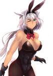  1girl animal_ears bangs black_gloves black_leotard blue_eyes breasts bunny_ears bunny_tail bunnysuit caenis_(fate) cleavage commentary_request dark_skin detached_collar eyebrows_visible_through_hair fate/grand_order fate_(series) gloves hair_intakes hairband highleg highleg_leotard jikihatiman large_breasts leotard long_hair looking_at_viewer one_eye_closed pantyhose red_neckwear simple_background smile solo tail tattoo white_background white_hair 