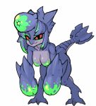 2019 2d_animation animated anthro blue_body bouncing_breasts brachydios breasts brute_wyvern capcom eyelashes female hair licking low_res monster_hunter muhut non-mammal_breasts nude orange_eyes red_eyes simple_background solo standing tailwag tongue tongue_out video_games white_background 