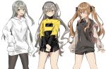  aogisa bangs black_legwear blush breasts brown_eyes brown_hair cowboy_shot eyebrows_visible_through_hair girls_frontline green_eyes grey_hair grin hair_between_eyes hair_ornament hairclip highres jacket long_hair looking_at_viewer multiple_girls one_eye_closed one_side_up open_mouth pantyhose scar scar_across_eye shirt simple_background smile star star-shaped_pupils symbol-shaped_pupils twintails ump40_(girls_frontline) ump45_(girls_frontline) ump9_(girls_frontline) white_background yellow_eyes 