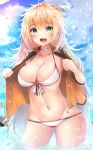  1girl :d absurdres bangs bikini blonde_hair blue_sky blush breasts choker cleavage collarbone da eyebrows_visible_through_hair fang girls_frontline green_eyes groin hair_between_eyes hair_ornament hairband highres hiromaster_sinta_jh jacket long_hair looking_at_viewer messy_hair navel open_clothes open_jacket open_mouth orange_hairband outdoors s.a.t.8_(girls_frontline) sidelocks signature sky smile solo sparkle stomach swimsuit very_long_hair wading wet white_bikini 