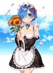  1girl apron bare_shoulders black_dress blue_eyes blue_hair breasts cleavage cloud commentary_request cowboy_shot detached_collar detached_sleeves dress flower frills hair_ornament hair_over_one_eye headdress highres holding holding_flower juliet_sleeves large_breasts long_sleeves looking_at_viewer maid maid_apron puffy_sleeves re:zero_kara_hajimeru_isekai_seikatsu rem_(re:zero) sakura_yuki_(clochette) short_hair smile solo standing sunflower water wide_sleeves x_hair_ornament 