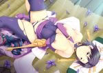  1girl bare_shoulders belt blush breasts bridal_gauntlets cleavage earrings elbow_gloves from_above fuurai_no_shiren gloves hat jewelry katori_(mocchidou) large_breasts looking_at_viewer lying nipples on_back oryuu purple_eyes purple_hair sandogasa short_hair skin_tight smile solo torn_clothes 
