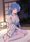  1girl blue_eyes blue_hair blush breasts cleavage collarbone commentary double_bun eyebrows_visible_through_hair futon head_tilt highres japanese_clothes kantai_collection kimono large_breasts light long_hair looking_at_viewer night obi sash senbei_(senbe_i) sitting smile solo tareme tatami urakaze_(kantai_collection) white_kimono yokozuwari 