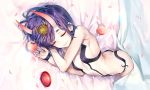  ass bed demon drink fang fate/grand_order fate_(series) food fruit horns kaguyuzu petals purple_hair sake short_hair shuten_douji_(fate) sleeping waifu2x 