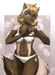  2019 anthro bikini blep blonde_hair brown_eyes brown_fur clothed clothing female fur hair hi_res mammal mustelid musteline mykegreywolf navel one_eye_closed simple_background solo swimwear tongue tongue_out wink wolverine 