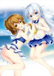  2girls :o ass beach bikini bikini_skirt blue_eyes blue_sailor_collar blue_skirt blue_swimsuit brown_eyes brown_hair cloud cloudy_sky eyebrows_visible_through_hair feet_out_of_frame flat_chest folded_ponytail hair_between_eyes hair_ornament hairclip hands_together hibiki_(kantai_collection) highres inazuma_(kantai_collection) island kantai_collection long_hair looking_at_viewer multiple_girls ocean sailor_collar silver_hair skirt sky smile standing standing_on_one_leg swimsuit water white_hair white_sailor_collar white_skirt yellow_neckwear yuto_sepiacolor 