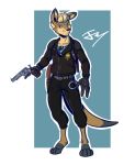  absurd_res anthro badge eyewear gun hair handcuffs hi_res kangaroo kingjaguar macropod male mammal marsupial officer ranged_weapon shackles solo sunglasses weapon 